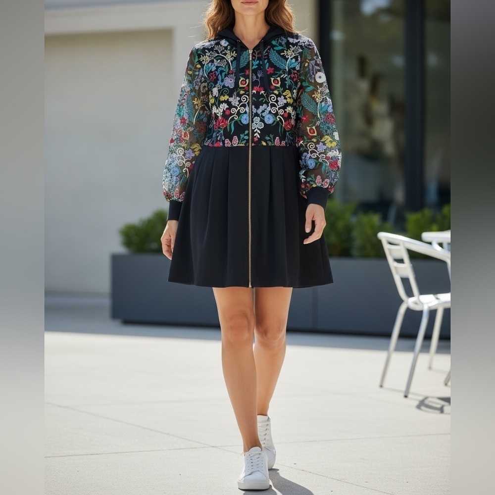 Boston Proper Black Embroidered Sweatshirt Dress – Zip Front, Sheer Sleeves, M